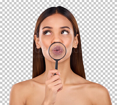 Buy stock photo Pouting, cosmetics and a woman with a magnifying glass,  mouth and skincare isolated on transparent background. Goofy, thinking or girl with a tool for a closeup on lips, beauty and skincare with png