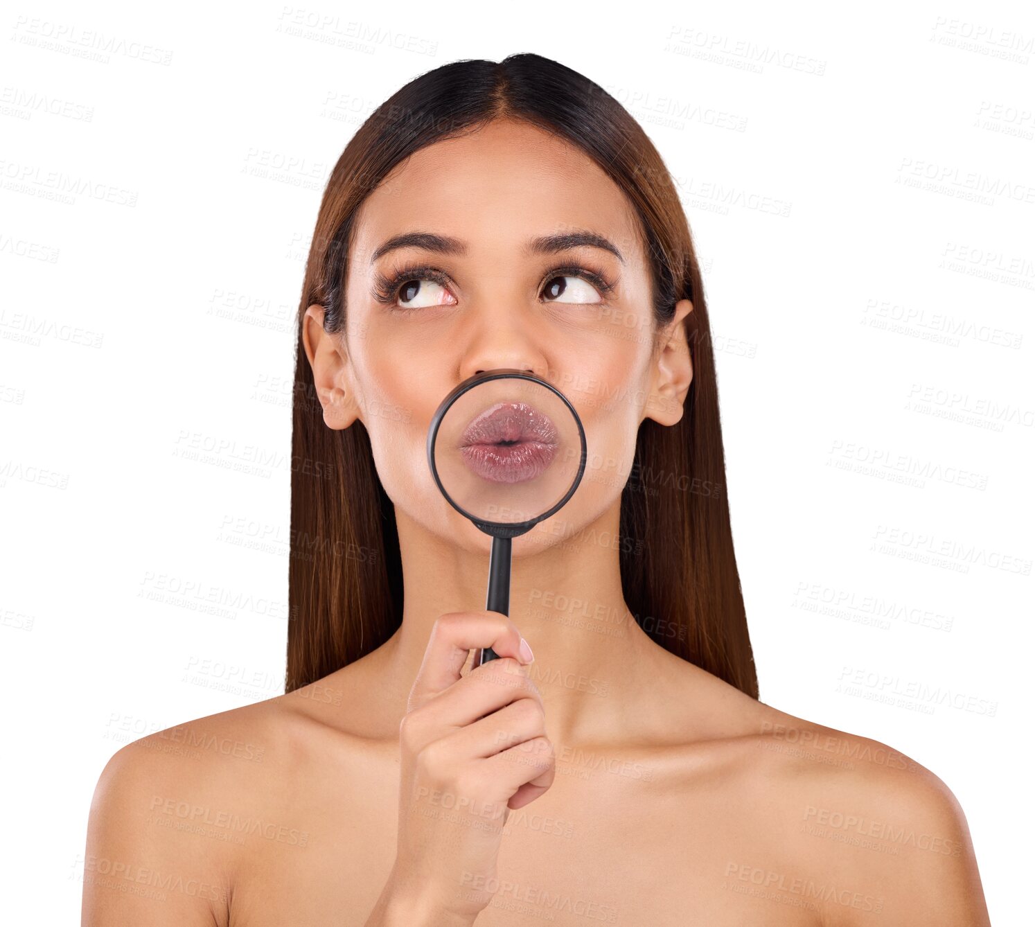 Buy stock photo Pouting, cosmetics and a woman with a magnifying glass,  mouth and skincare isolated on transparent background. Goofy, thinking or girl with a tool for a closeup on lips, beauty and skincare with png