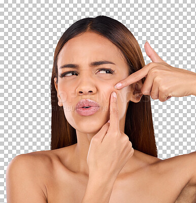 Buy stock photo Beauty, cosmetics and woman squeeze pimple, dermatology and grooming isolated on a transparent background. Face, person and girl with breakout, png and facial scar with acne, skincare and treatment