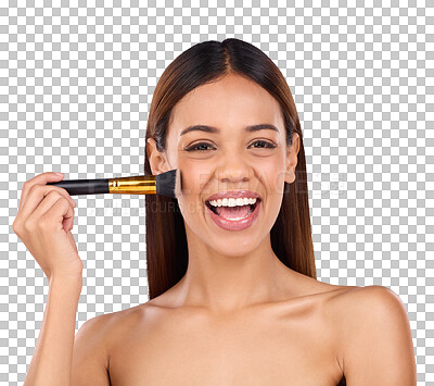 Buy stock photo Portrait, brush and woman with makeup, happiness and dermatology isolated on a transparent background. Face, person and model with self care, grooming and cosmetic tool with shine, foundation and png