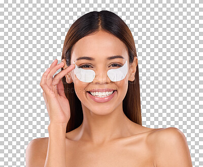 Buy stock photo Portrait, eye patches or woman with skincare, beauty or dermatology isolated on transparent background. Face, person or girl with anti aging, smile or cosmetics with wellness, png or collagen product