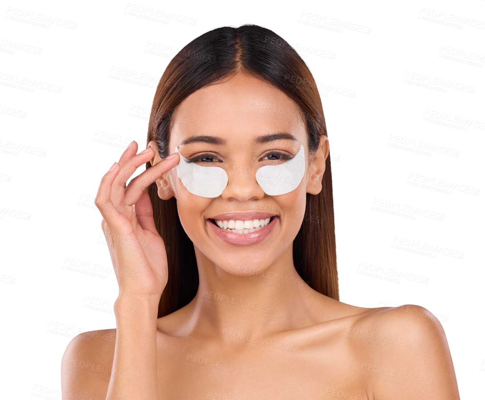 Buy stock photo Portrait, eye patches or woman with skincare, beauty or dermatology isolated on transparent background. Face, person or girl with anti aging, smile or cosmetics with wellness, png or collagen product