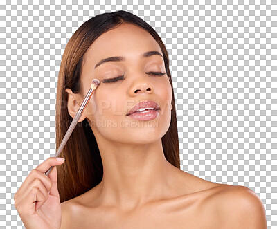 Buy stock photo Woman, brush and eye shadow application with beauty, change and isolated by transparent png background. Girl, model and tools for skincare, cosmetics and thinking process for facial transformation