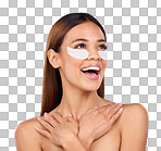 Beauty, collagen and happy woman with eye mask for anti aging skincare on blue background mockup. Cosmetics, facial repair and face of hispanic model with detox treatment product in studio promotion.