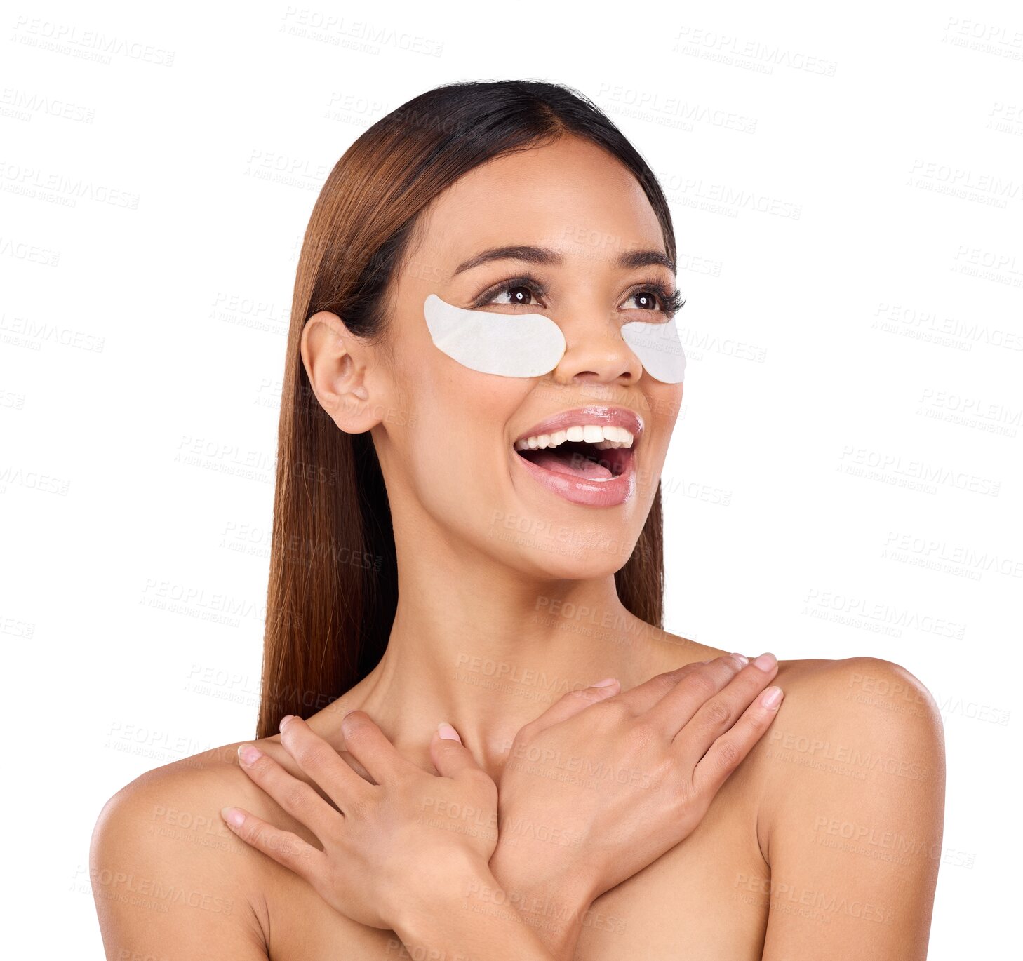 Buy stock photo Excited, woman and face with eye patch for cosmetics, dermatology and shine isolated on a transparent background. Model, girl and person with smile, png and skincare with wellness, grooming and clean