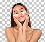 Beauty, collagen and woman with eye mask for anti aging skincare glow on blue background mockup. Cosmetics, facial repair and face of hispanic model with wrinkle treatment product in studio promotion