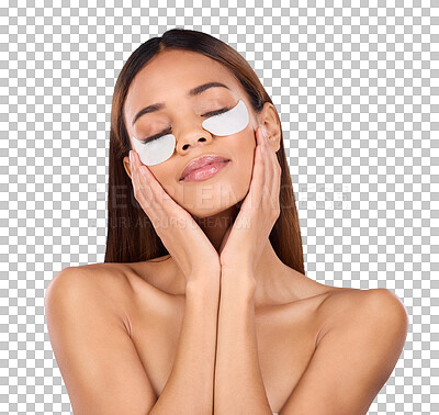 Buy stock photo Skincare, woman and face with eye patches for cosmetics, dermatology and glow isolated on a transparent background. Model, girl and person with shine, png and beauty with wellness, grooming and clean