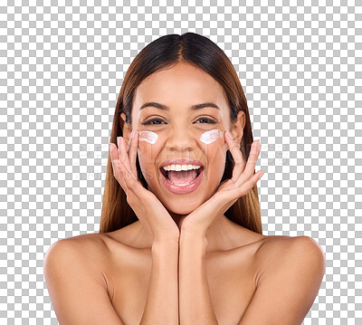 Buy stock photo Skincare, beauty and portrait of happy woman with cream for anti aging, cosmetics and facial treatment. Excited, moisturizer and isolated person for dermatology on png or transparent background