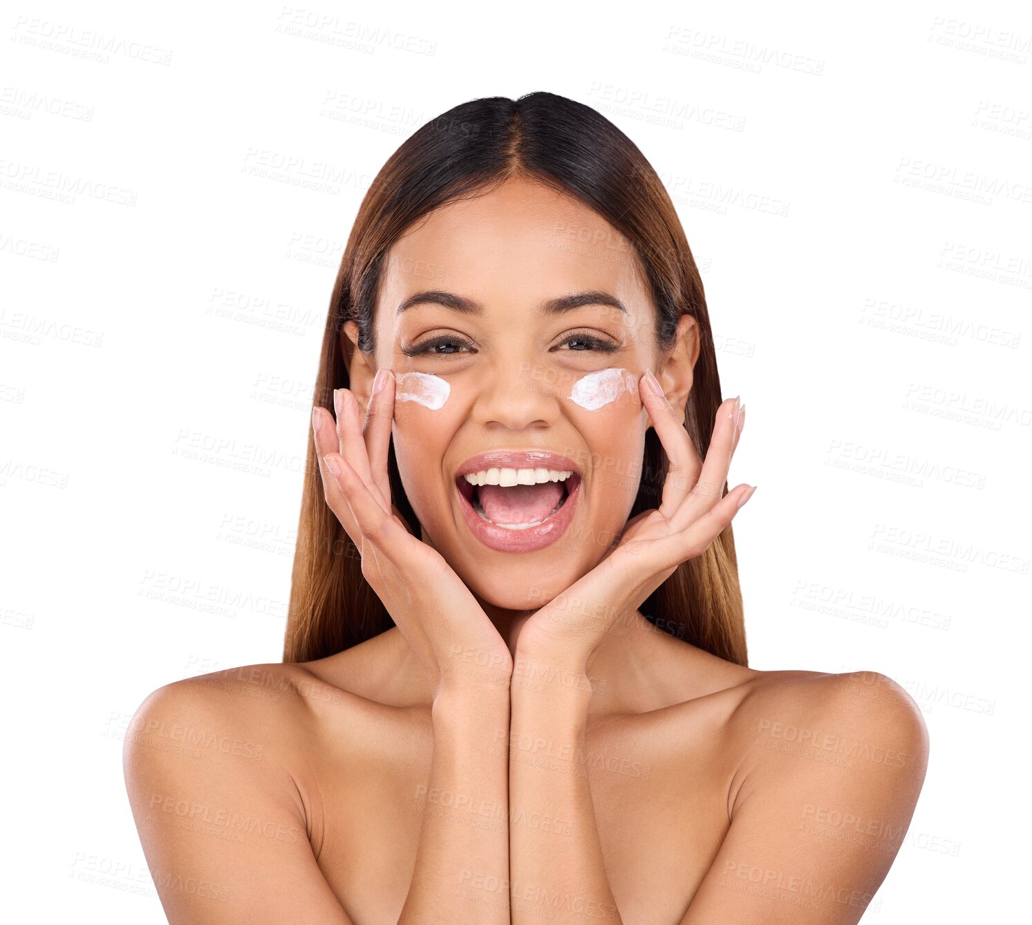 Buy stock photo Skincare, beauty and portrait of happy woman with cream for anti aging, cosmetics and facial treatment. Excited, moisturizer and isolated person for dermatology on png or transparent background