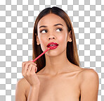 Beauty, woman and red lipliner or lipstick for lips with cosmetics on face in studio. Aesthetic female model thinking on a blue background for self care, facial glow and pencil application for skin