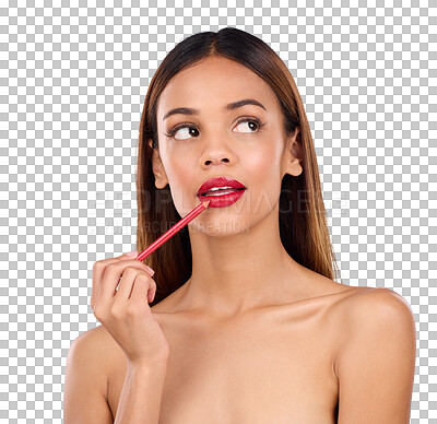 Buy stock photo Isolated woman, beauty and pencil for lips, makeup and thinking with vision by transparent png background. Girl, model and lipstick for red color, glow and cosmetic change process for transformation