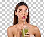 Beauty, smoothie and health with woman in studio for detox, nutrition and diet, Organic, drinking and minerals with girl model and green juice on blue background for vegan, fiber and protein