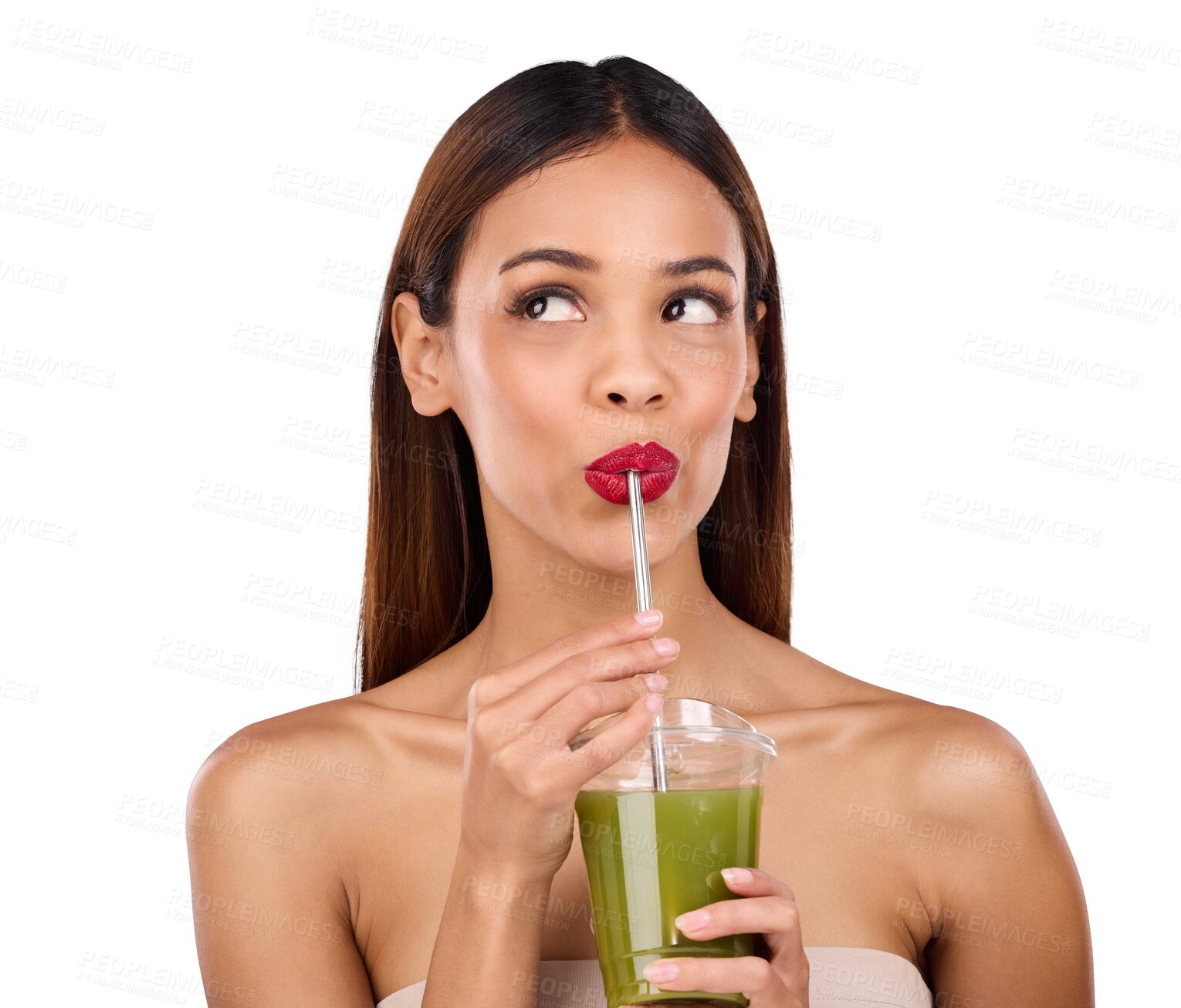 Buy stock photo Isolated woman, green smoothie and wellness for thinking, drink or skincare by transparent png background. Girl, model and vision for nutrition, diet or detox with juice for health, beauty or benefit