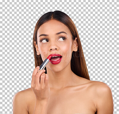 Buy stock photo Isolated woman, lipstick and thinking with beauty, wellness and makeup application by transparent png background. Girl, model and red lips with skincare, ideas and cosmetic process for facial change
