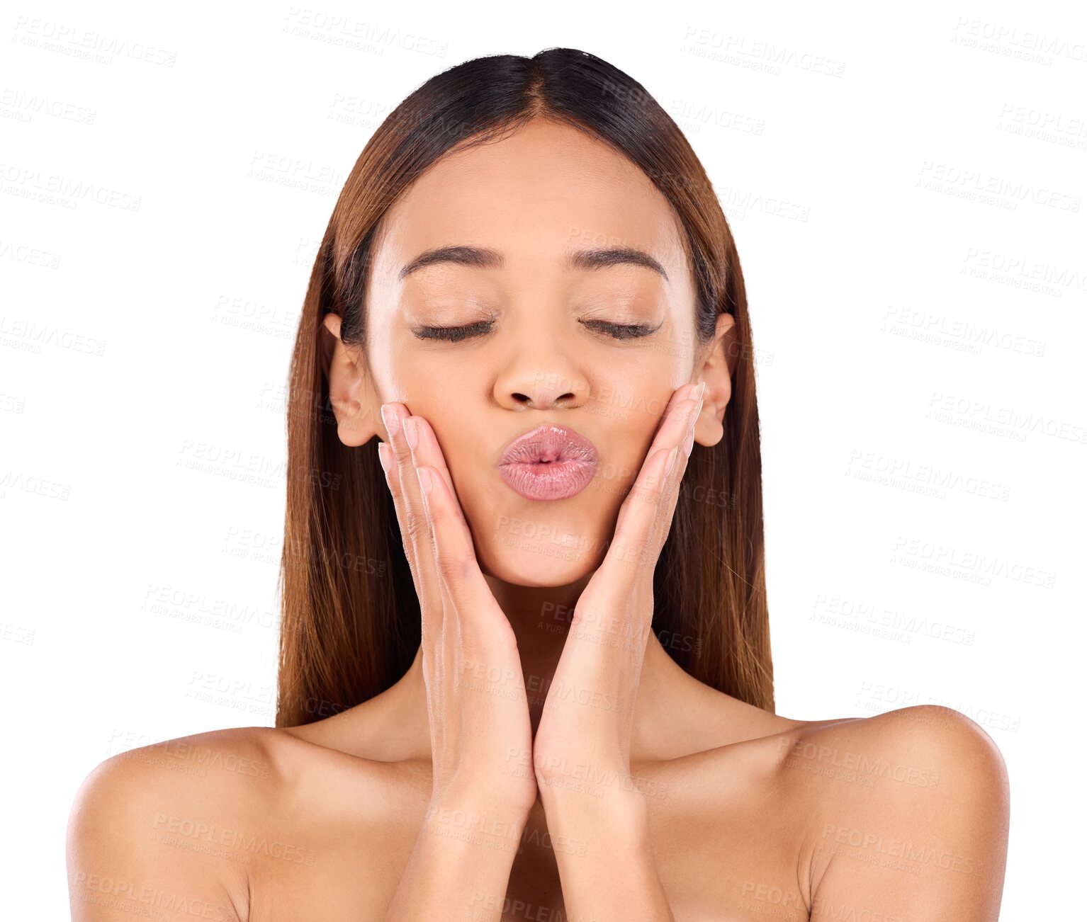 Buy stock photo Pouting, skincare and woman with cosmetics, shine and dermatology isolated on a transparent background. Person, aesthetic and girl with lips, skin glow and confidence with png, wellness and beauty