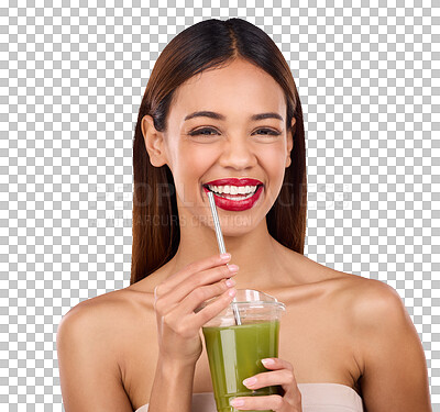 Buy stock photo Isolated woman, green smoothie and portrait with smile, drink or skincare by transparent png background. Girl, model and happy for nutrition, diet or detox with juice for health, beauty or benefits