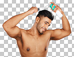 Hair, care and man with beauty spray, brush or comb for wellness