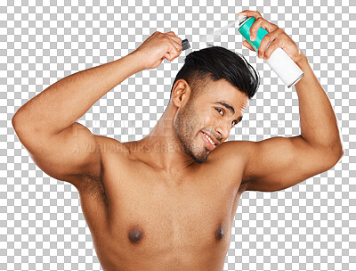 Hair, care and man with beauty spray, brush or comb for wellness