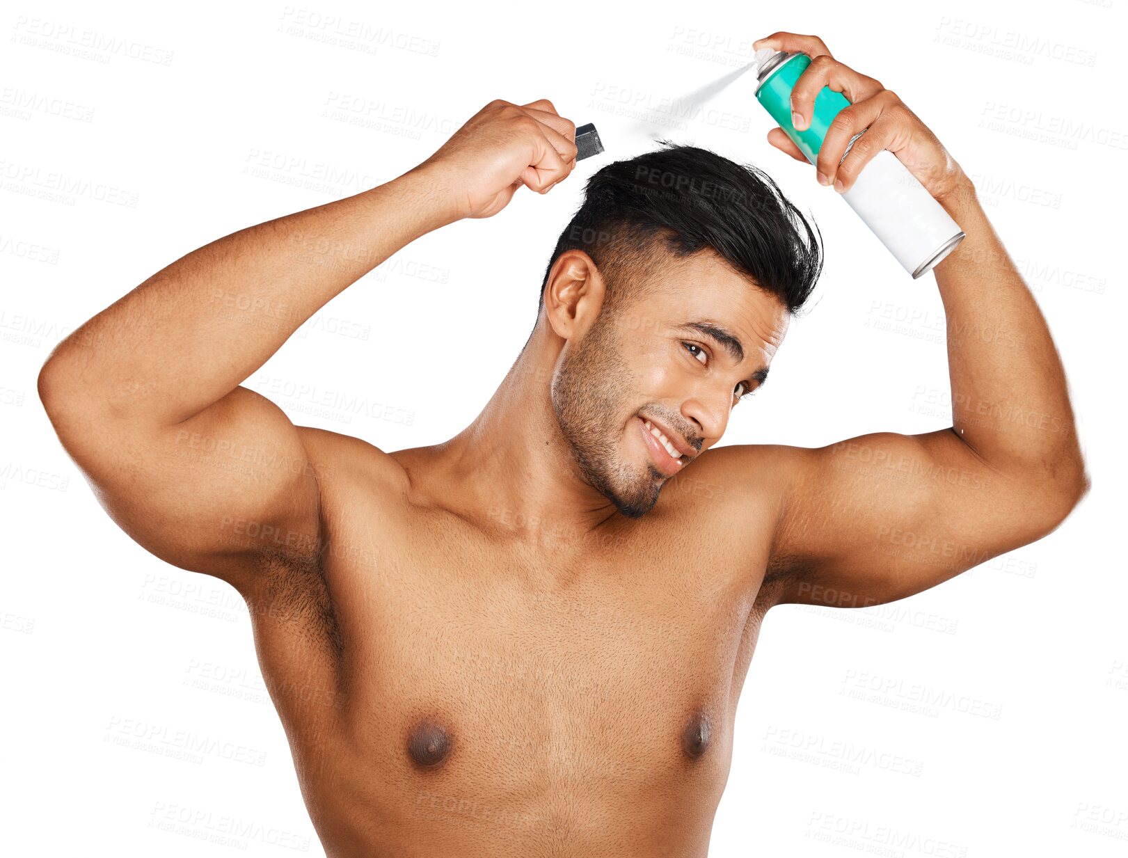 Buy stock photo Hair care, spray and man with beauty, brush and comb for wellness routine, grooming or style. Natural, guy and model with hairspray cosmetics, png and aesthetic isolated on a transparent background