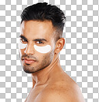 Eye patches, skincare and portrait of man standing in studio doi