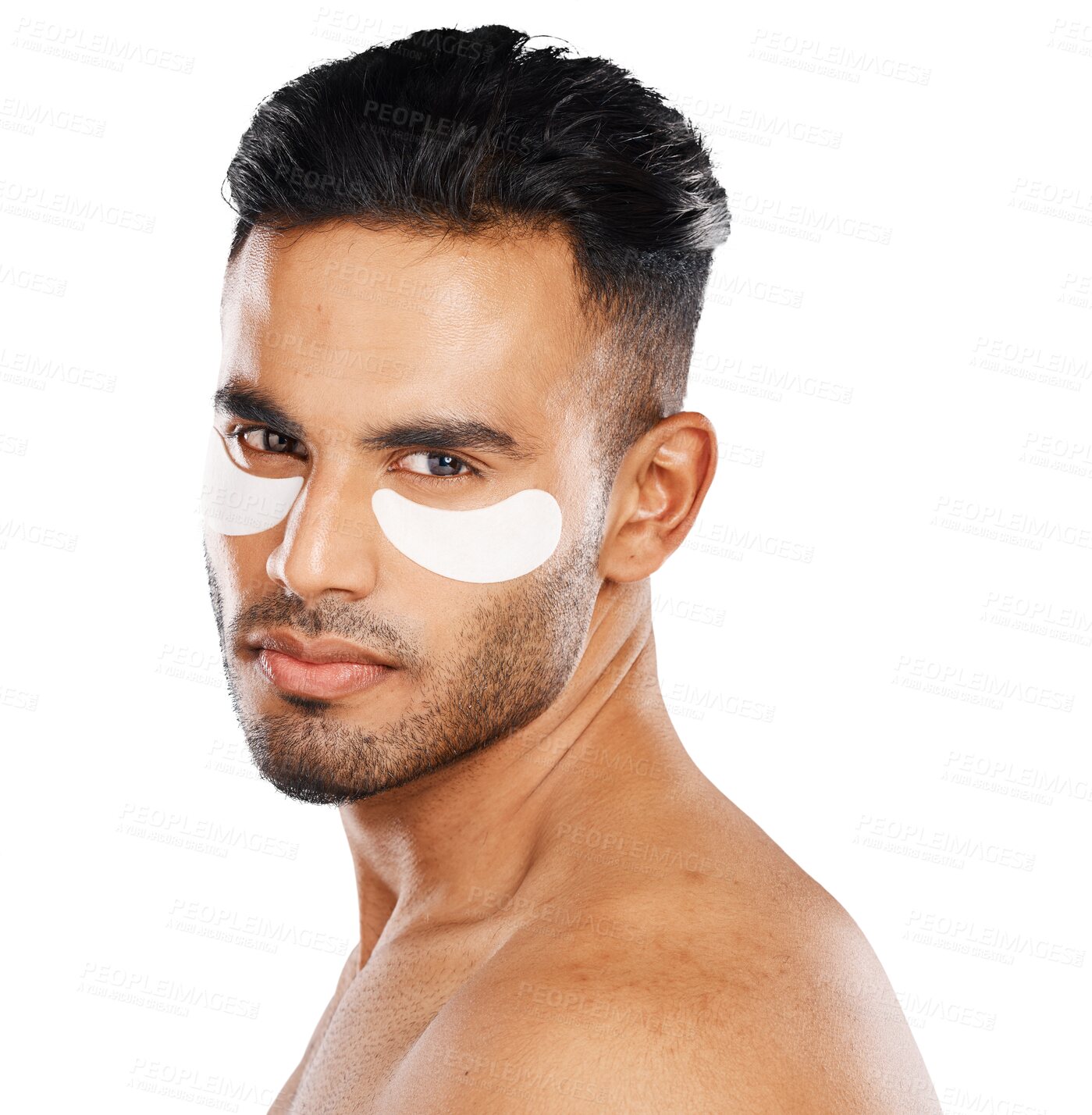 Buy stock photo Portrait man and eye for patch with wellness in skincare with treatment of dark circles. Mexican person, serious expression and result with hyaluronic acid on isolated or transparent png background