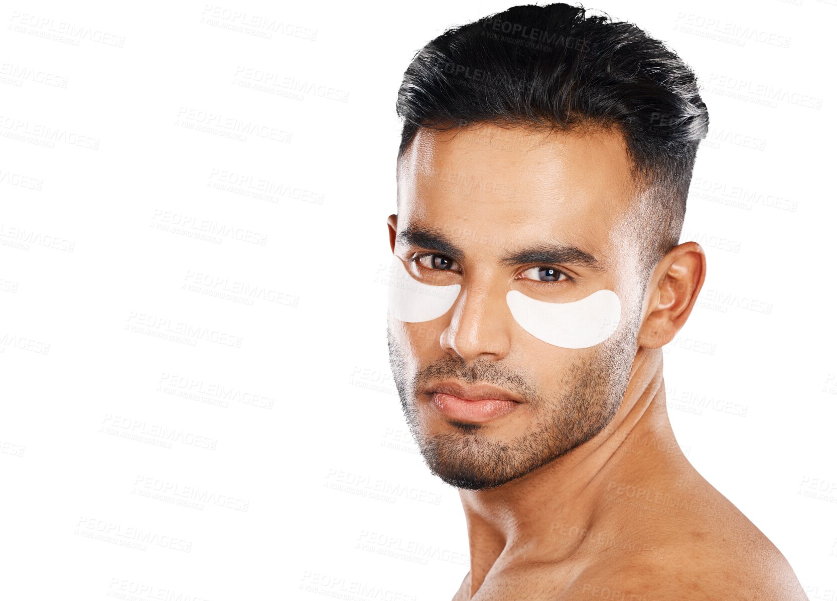 Buy stock photo Eye patch, man and portrait for skincare, dermatology and aesthetic beauty isolated on a transparent png background. Face of serious indian model with gel mask for eyes, cosmetics and facial collagen