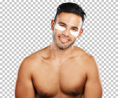 Buy stock photo Man, happy or skincare portrait with eye mask for grooming or relax with cosmetic as facial treatment. Beauty, face and smile with confident, body wellness and isolated on transparent png background