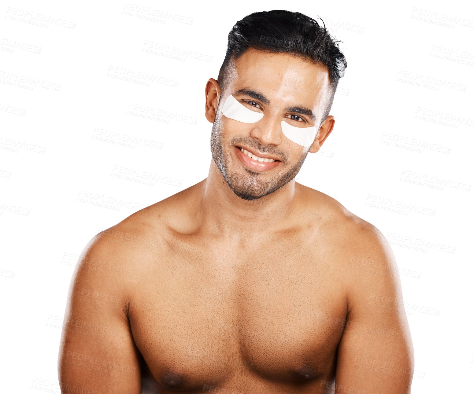 Buy stock photo Man, happy or skincare portrait with eye mask for grooming or relax with cosmetic as facial treatment. Beauty, face and smile with confident, body wellness and isolated on transparent png background