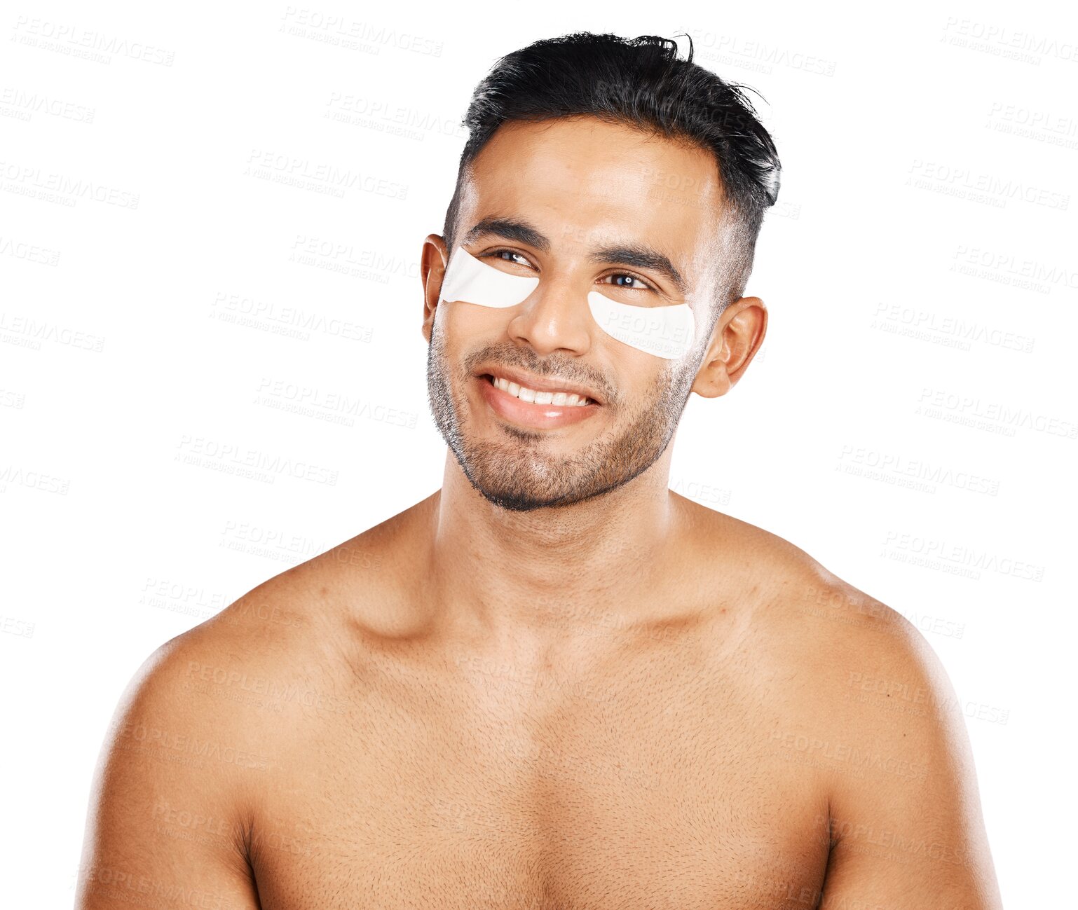 Buy stock photo Man, eye and patches skincare health or hygiene wellness, clean skin or dark circles. Male person, smile as facial treatment or isolated on transparent png background, morning grooming or spa product