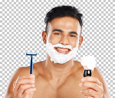 Buy stock photo Portrait, happy man and razor for shave with option, decision or choice for hair removal. Mexican person, shaving cream and blade for grooming on isolated or transparent png background for skincare