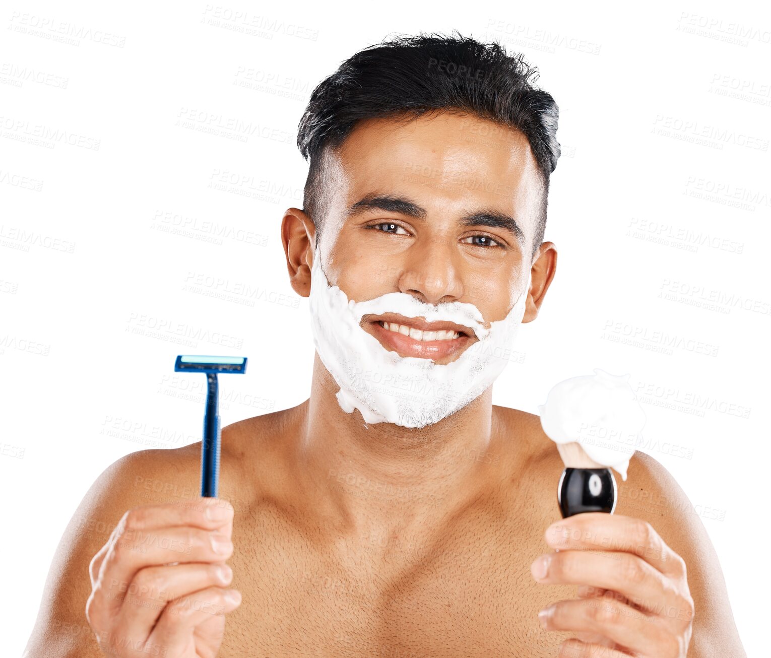 Buy stock photo Portrait, happy man and razor for shave with option, decision or choice for hair removal. Mexican person, shaving cream and blade for grooming on isolated or transparent png background for skincare