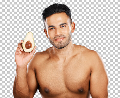 Buy stock photo Avocado, healthy beauty and portrait of man for vitamin c nutrition, natural cosmetics and detox isolated on a transparent png background. Indian guy, sustainable skincare and fruit for dermatology 