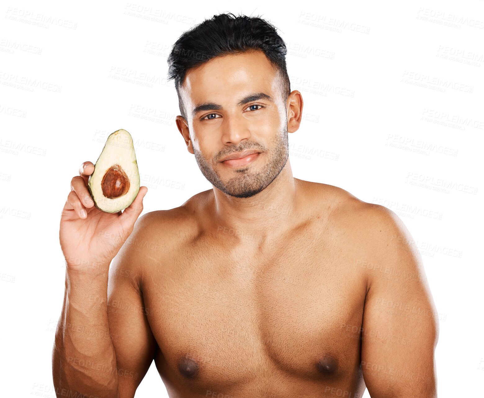 Buy stock photo Avocado, healthy beauty and portrait of man for vitamin c nutrition, natural cosmetics and detox isolated on a transparent png background. Indian guy, sustainable skincare and fruit for dermatology 