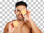 Vitamin C, lemon and male skincare portrait for healthy, glowing