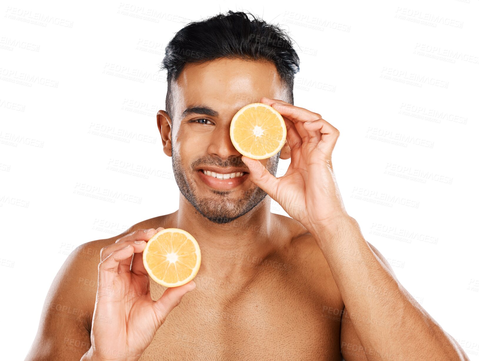 Buy stock photo Orange, skincare and portrait of man with smile for nutrition, detox or isolated on transparent png background. Indian guy, beauty or citrus fruits for sustainable dermatology, cosmetics or vitamin c