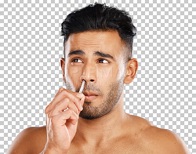 Buy stock photo Skincare, hair and nose tweezers with man, wellness and health isolated on a transparent background. Person, model and guy with treatment, grooming routine and hygiene with png, beauty and pamper.