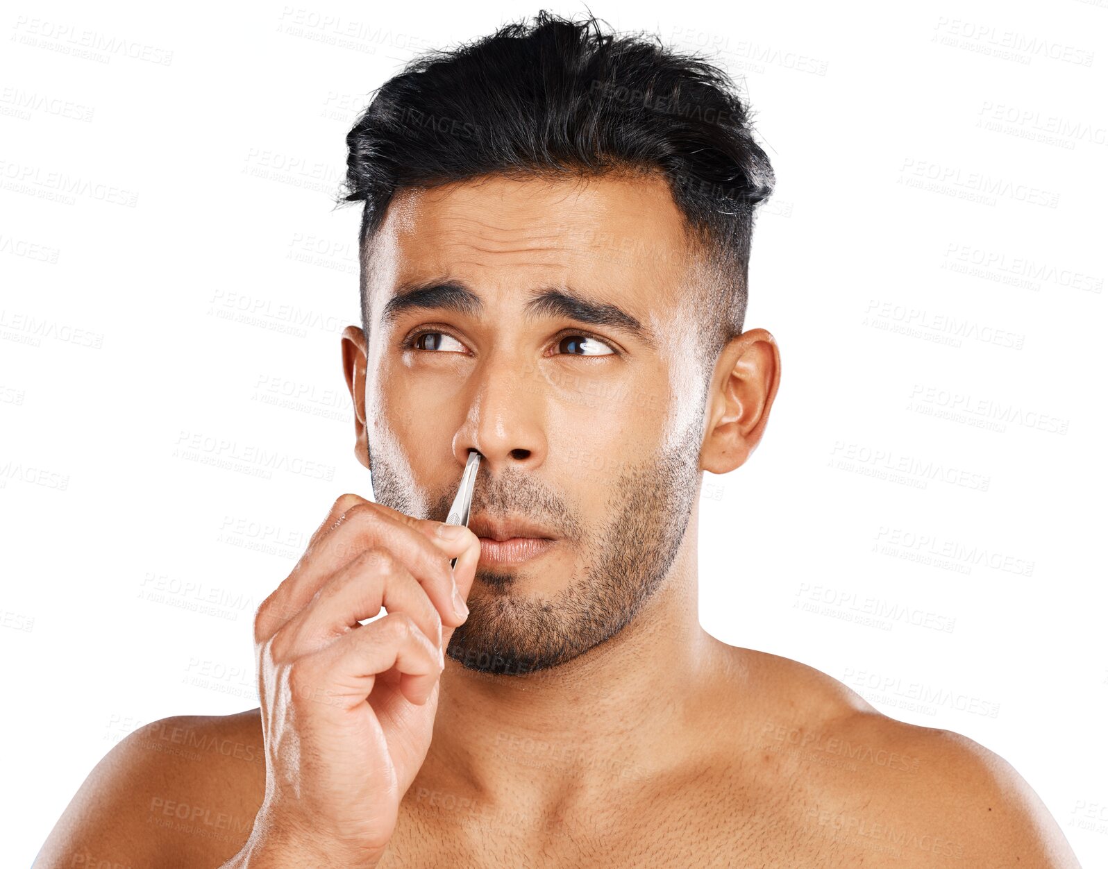 Buy stock photo Skincare, hair and nose tweezers with man, wellness and health isolated on a transparent background. Person, model and guy with treatment, grooming routine and hygiene with png, beauty and pamper.