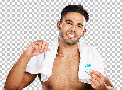 Dental care, floss and man cleaning teeth for oral hygiene routi