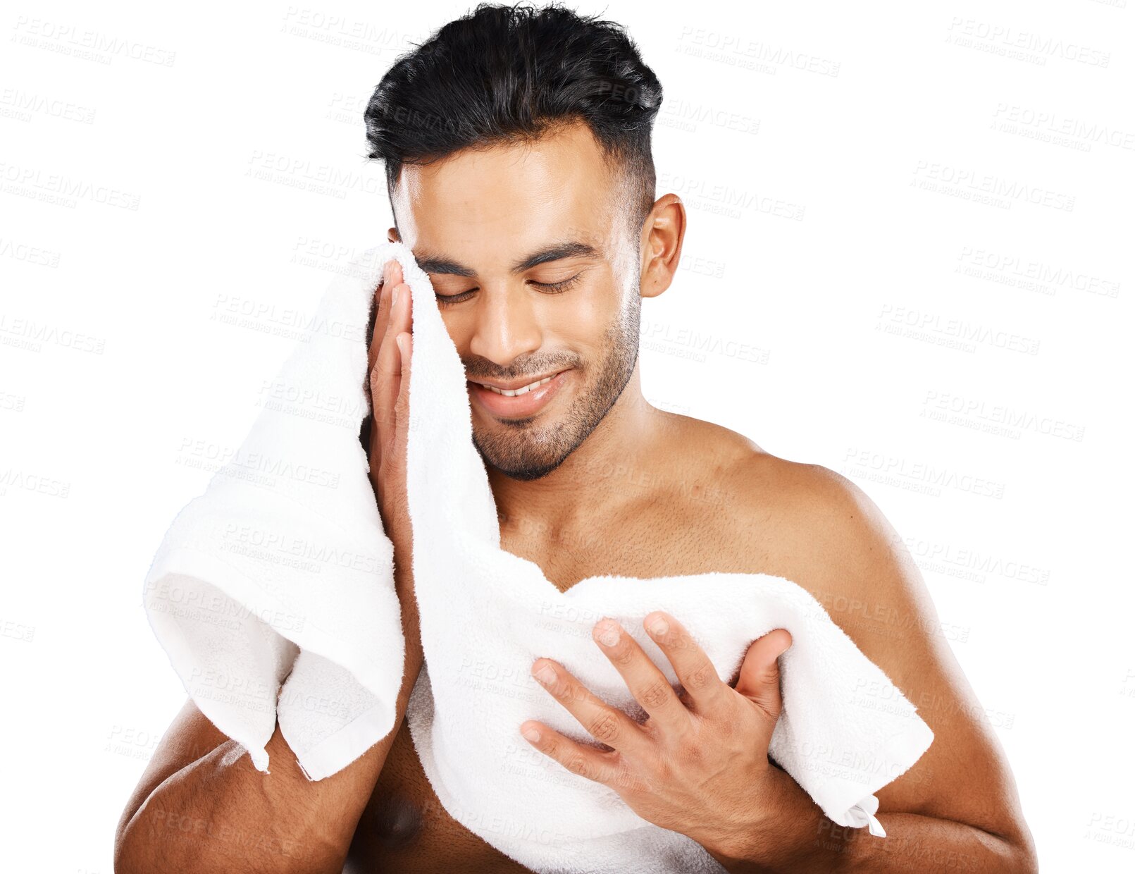 Buy stock photo Man, skincare and towel for facial wellness, morning routine or isolated on transparent png background. Male person, face cloth and happy for clean hygiene or fresh health, shower care for grooming