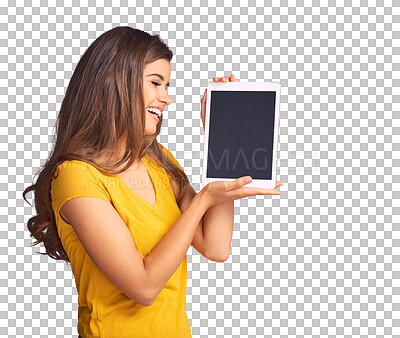 Buy stock photo Isolated woman, blank tablet and smile in profile for promotion for app by transparent png background. Girl, digital touchscreen and happy with thinking, mockup space and vision with idea marketing