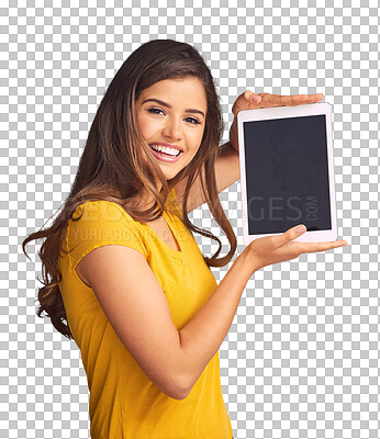 Buy stock photo Woman, blank tablet and space in portrait, app promotion and isolated by transparent png background. Girl, digital touchscreen and smile with ux presentation, mock up and show screen for marketing