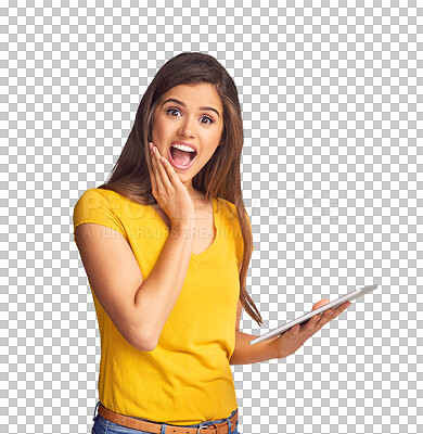 Buy stock photo Isolated woman, wow and shock with tablet for news, announcement and portrait by transparent png background. Girl, social media app and surprise face with smile for gossip, secret sale and winning