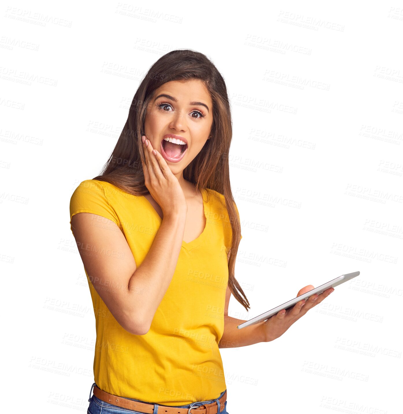 Buy stock photo Isolated woman, wow and shock with tablet for news, announcement and portrait by transparent png background. Girl, social media app and surprise face with smile for gossip, secret sale and winning