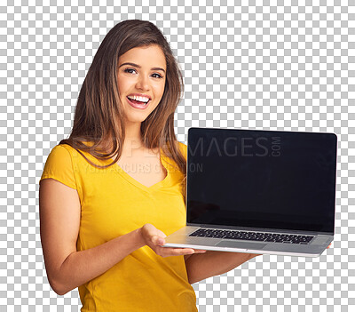 Buy stock photo Portrait, website and a woman showing a laptop screen isolated on a transparent background for information. Computer, smile and a happy young person on PNG for the presentation of an empty display