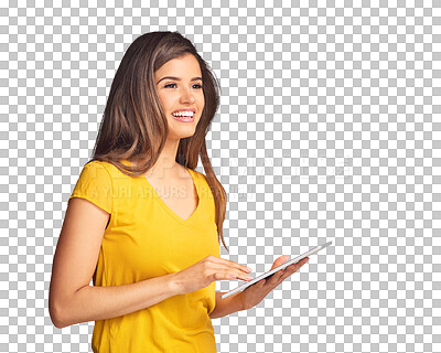 Buy stock photo Woman, smile and thinking with tablet for social media post, ebook and update software isolated on transparent png background. Digital tech, download and subscription for blog, search web or news app