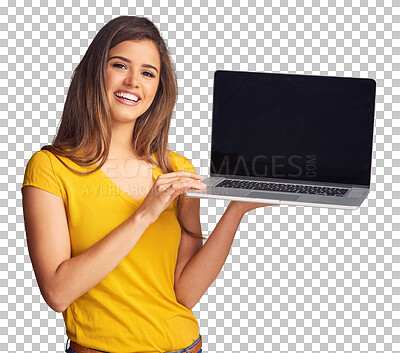 Buy stock photo Portrait, website and a woman showing to a laptop screen display isolated on a transparent background for information. Computer, internet and happy young person with a blank tech on PNG for marketing