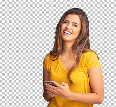 Buy stock photo Woman, portrait and typing with phone to chat, update social media post or reading notification isolated on transparent png background. Smartphone, contact or search web for news, mobile games or app