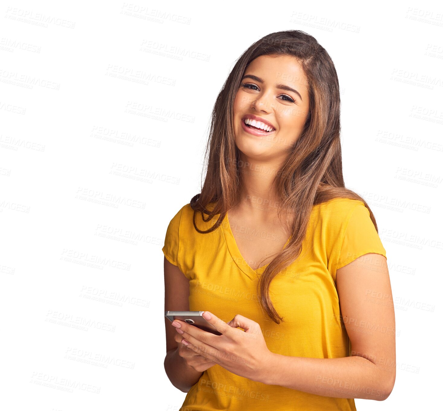 Buy stock photo Woman, portrait and typing with phone to chat, update social media post or reading notification isolated on transparent png background. Smartphone, contact or search web for news, mobile games or app