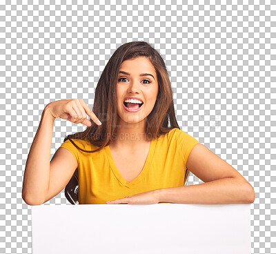 Buy stock photo Isolated woman, blank poster and point in portrait with smile, review or opinion by transparent png background. Girl, paper sign or board for promotion, feedback and happy for news with mock up space