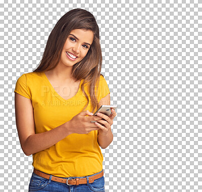 Buy stock photo Woman, portrait and typing with smartphone to chat, update social media post or reading notification isolated on transparent png background. Smile, contact or search web for blog, mobile games or app